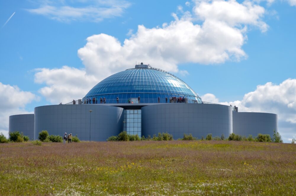 Glass dome of the Perlan museum atop grassy Öskjuhlíð hill surrounded by wildflowers in Reykjavík, Iceland